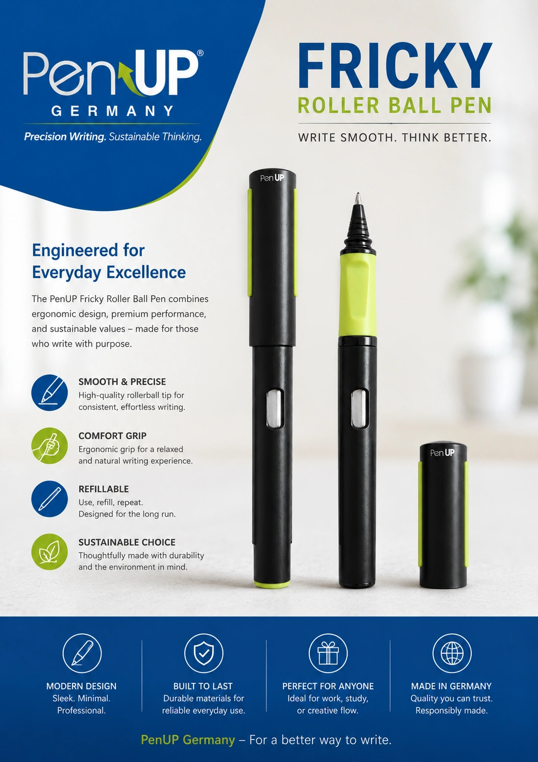 Fricky - Black - Neon Green - Roller Ball Pen