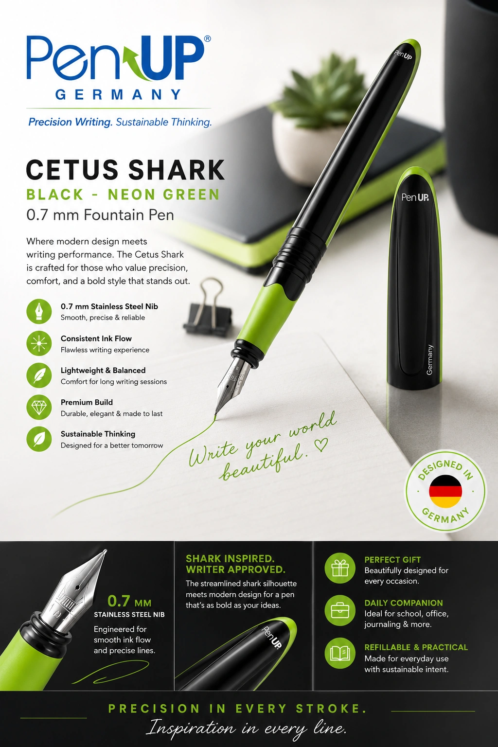 Cetus - Shark - Black Neon Green - Fountain Pen
