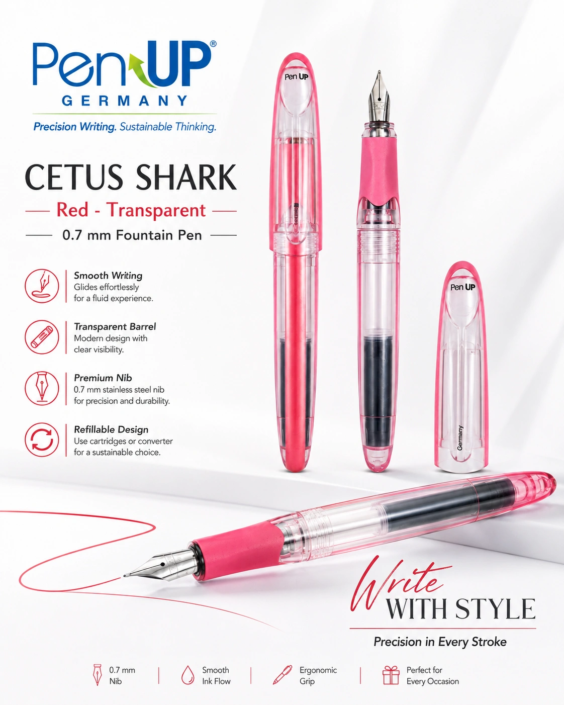 Cetus - Shark - Red - Transparent - Fountain Pen
