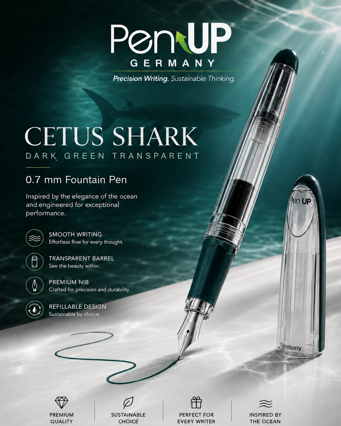 Cetus - Shark - Dark Green - Transparent - Fountain Pen